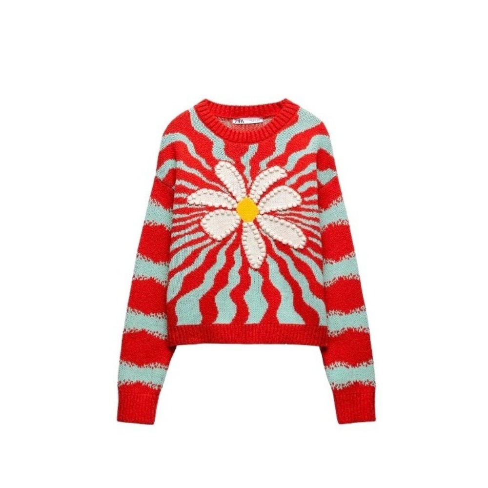 Zara Jacquard Flower Knit Sweater Size M EUC